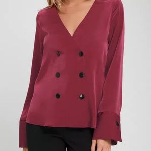 Lulu's Wine Satin Button Front Blouse